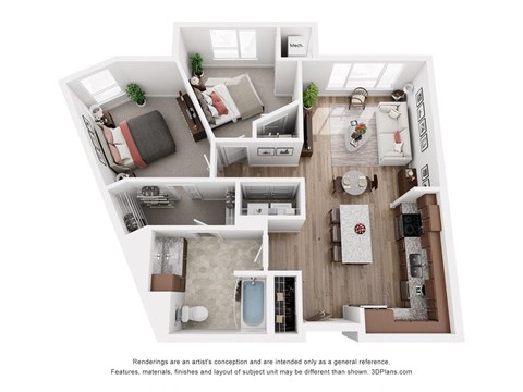 Floor plan for 2 beds, 1 bath, 941 sqft